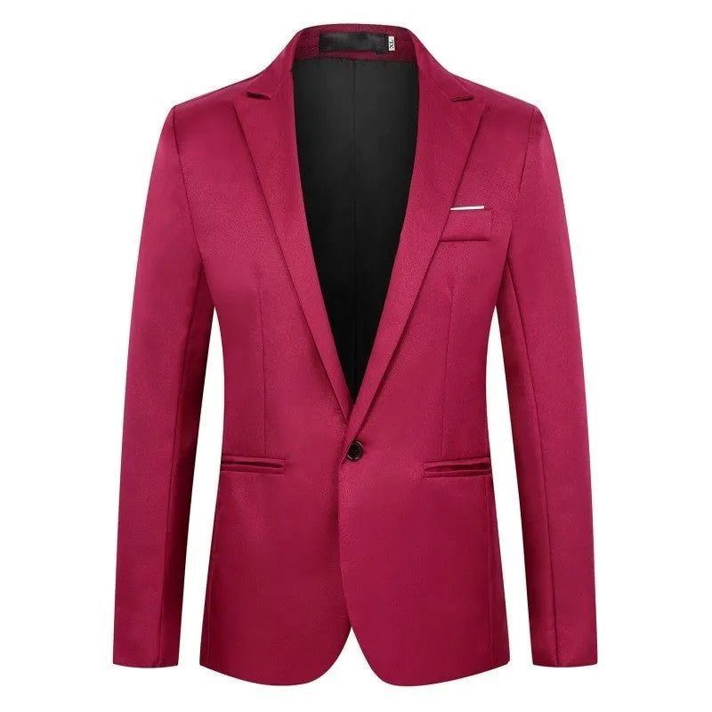 Men's loose-fit wedding suit jacket in various colours including black, blue, grey, and wine red.