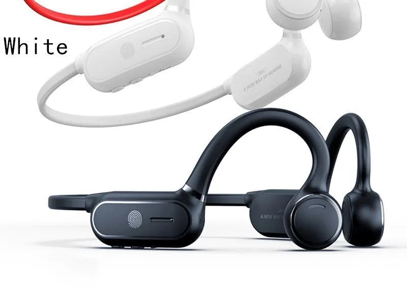 Black air conduction Bluetooth wireless earphone with titanium wire frame shown hanging over a pair of glasses.