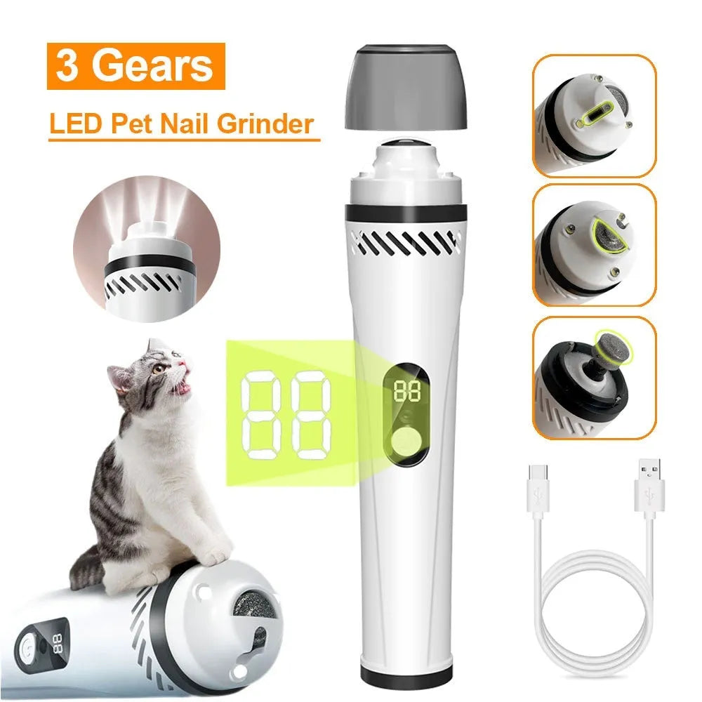 Electric dog nail grinder with LCD screen, LED lights, and dust collection bin on a white background.