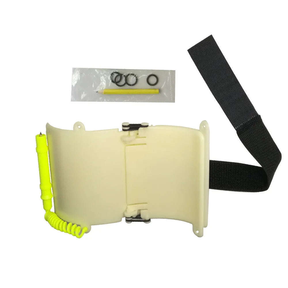 White luminous underwater writing wristboard for scuba divers with pencil and spare O-ring