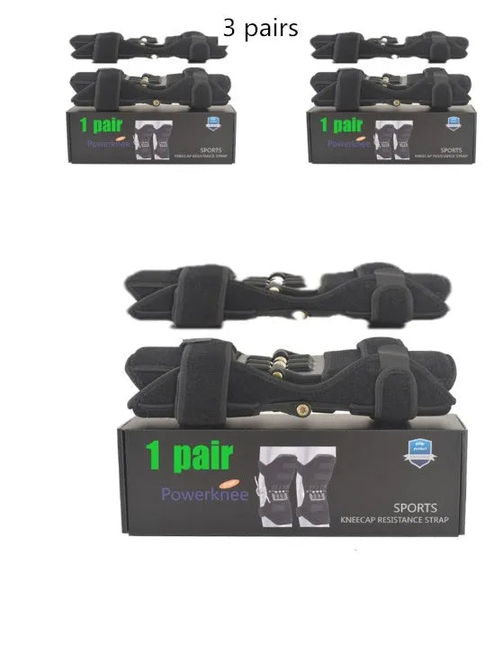 Adjustable spring knee brace support for mountaineering and sports, shown in black with breathable fabric.