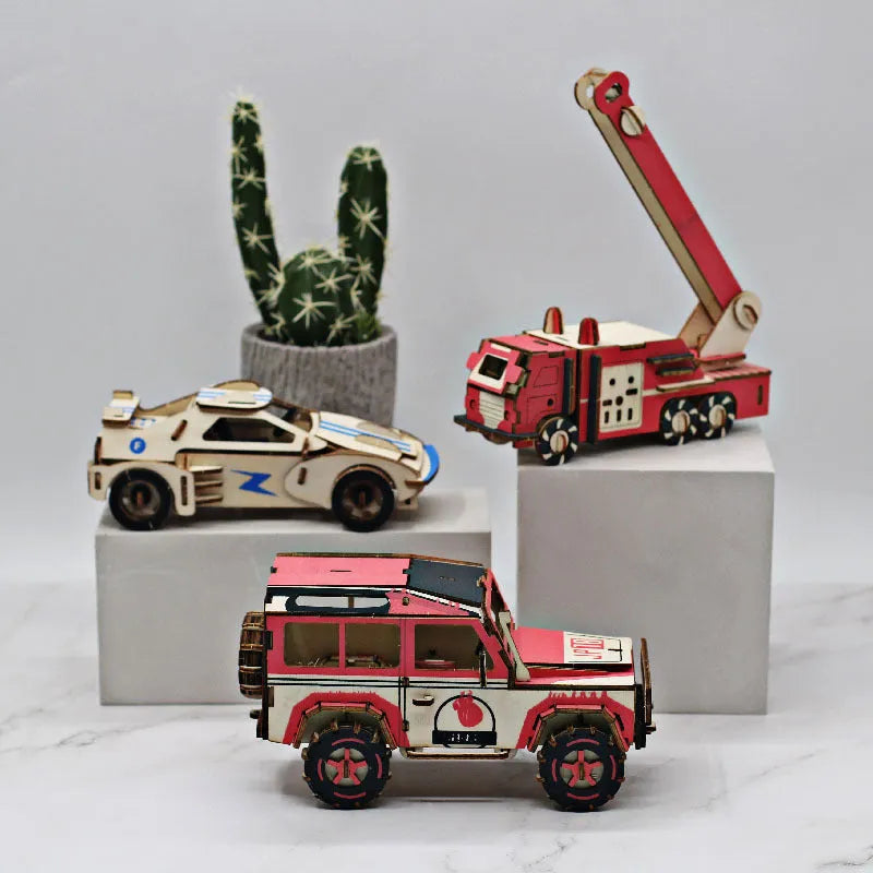 3D wooden puzzle kit showing a Ferrari style model with interlocking pieces on a table