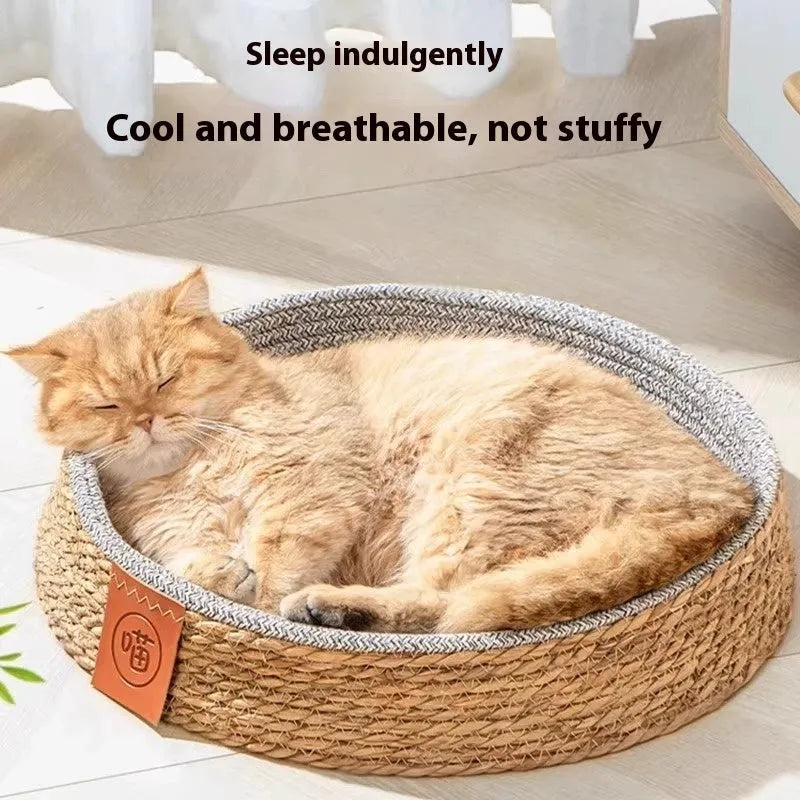 Natural woven rattan cat nest bed in four sizes: S, M, L, and XL.