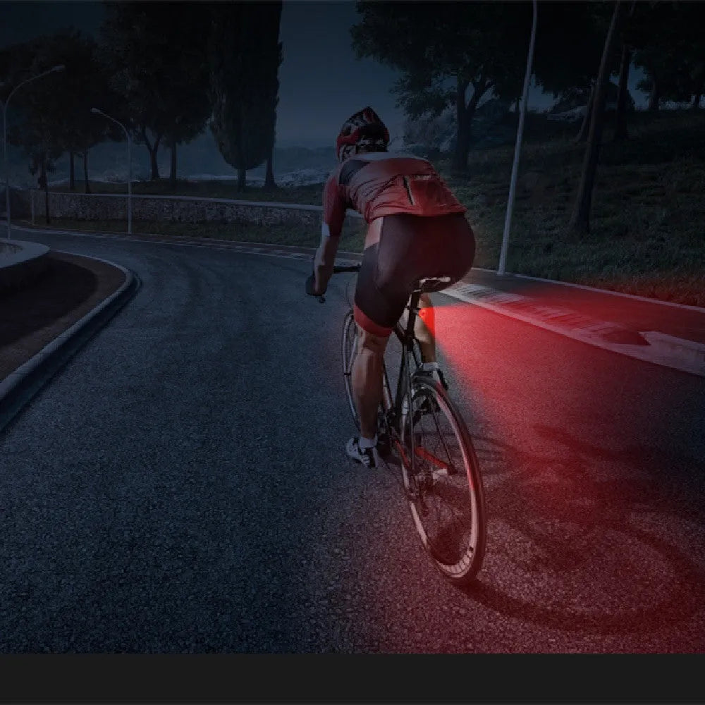 Black aluminium alloy USB rechargeable smart brake sensing bicycle tail light showing dimensions