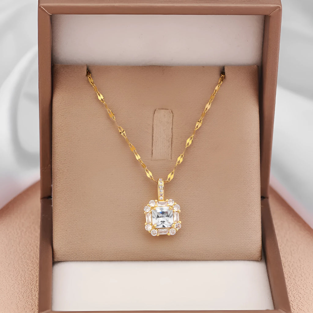 Gold clavicle chain necklace with geometric zircon pendant on titanium steel wave chain