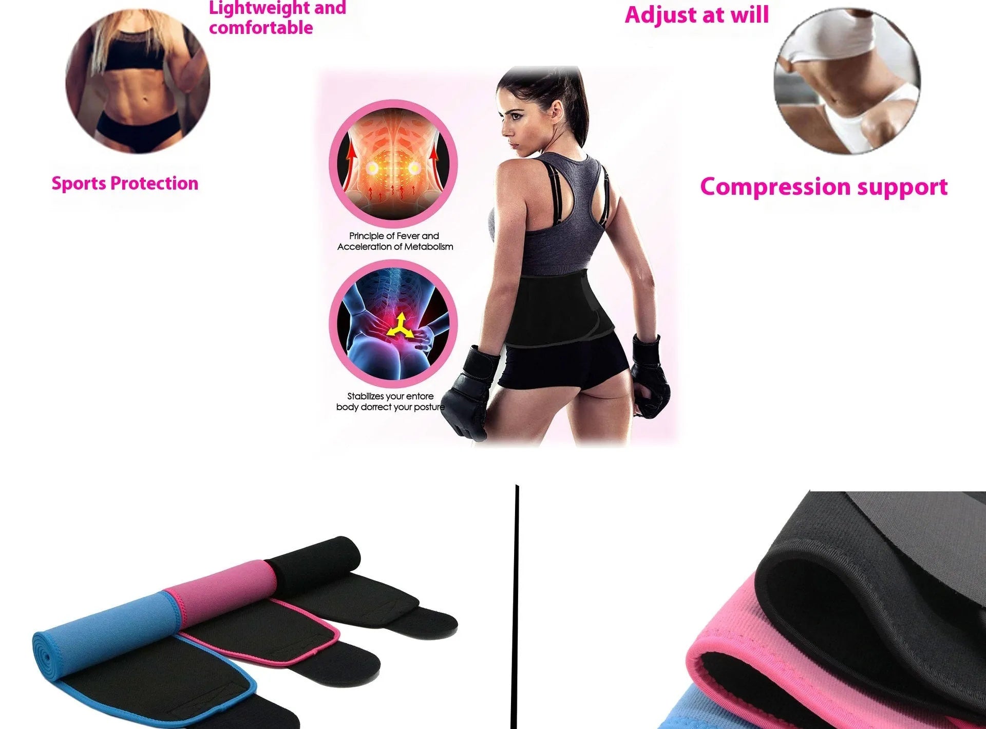 Neoprene fitness lumbar support belt for waist, shown in black colour.
