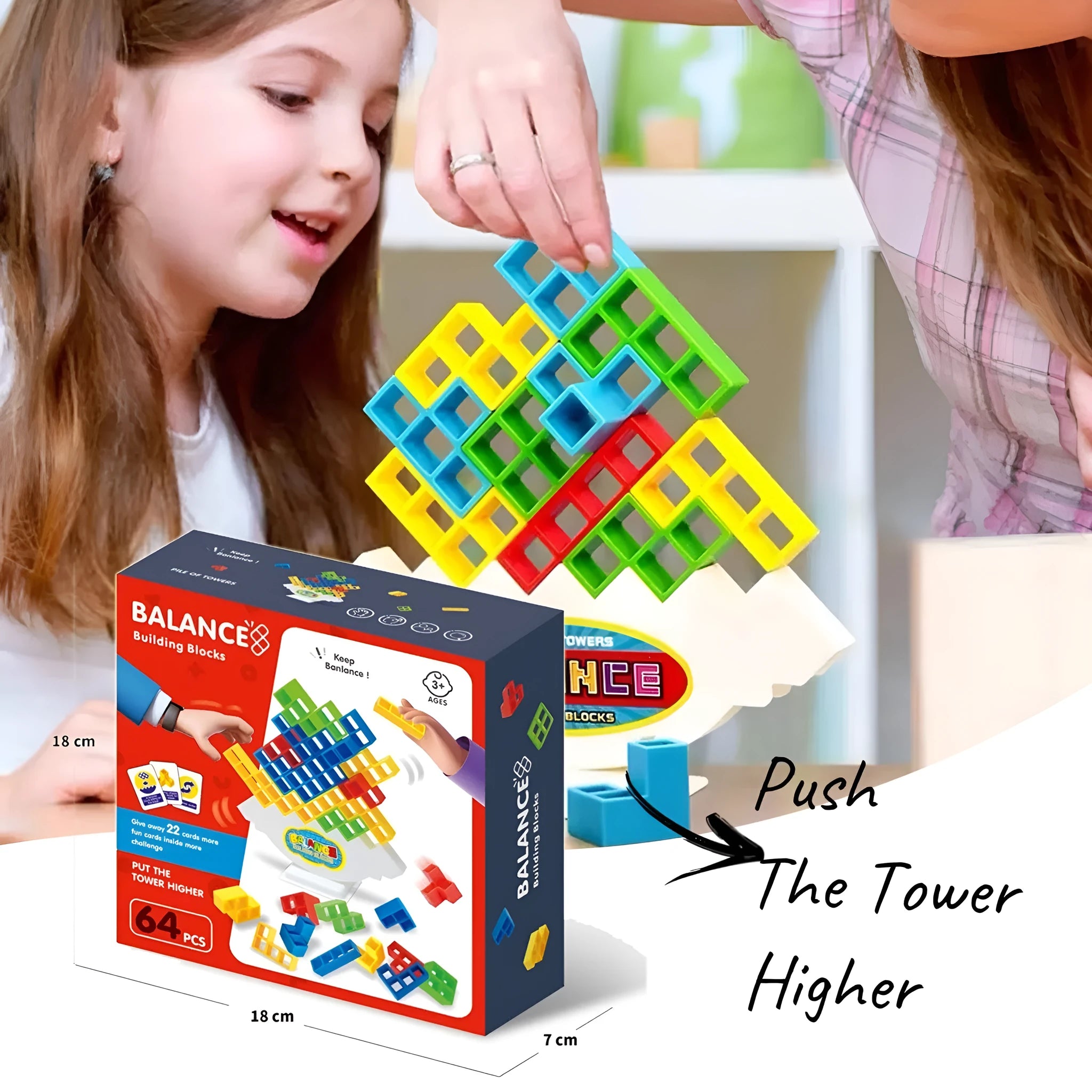 Plastic balance stacking game with colourful building blocks on chassis for family play