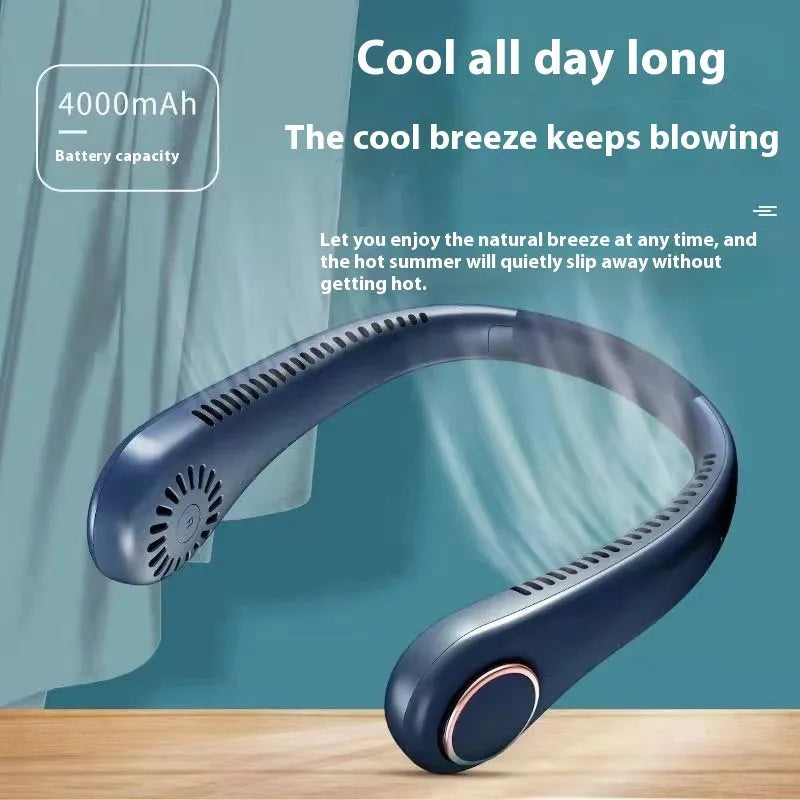 Neck hanging fan in blue colour with modern Chinese style design, showing USB port and controls.