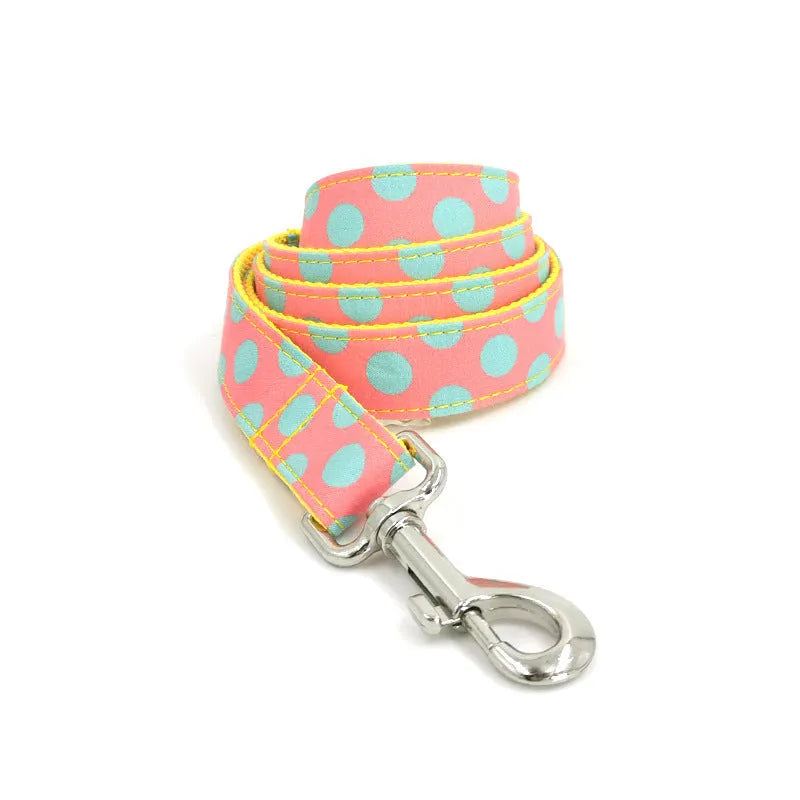Yellow polka dot dog collar and lead set with bow decoration