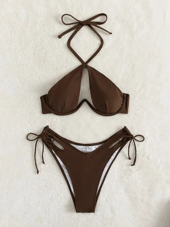 Women's halter neck bikini swimsuit in black blue or brown solid colours with briefs style