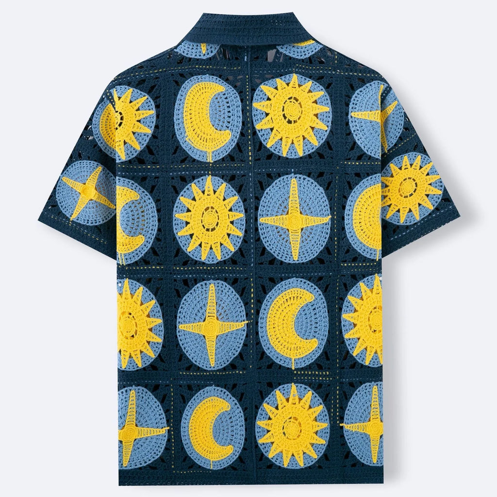 Navy blue men's short-sleeved cardigan with a raised flocked cartoon pattern on the front.