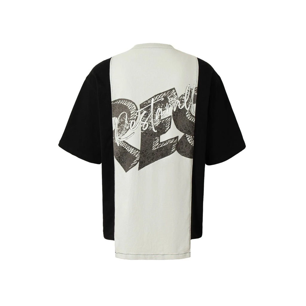 Broken collage deconstruction printed T-shirt in black and white stitching with cotton blend fabric
