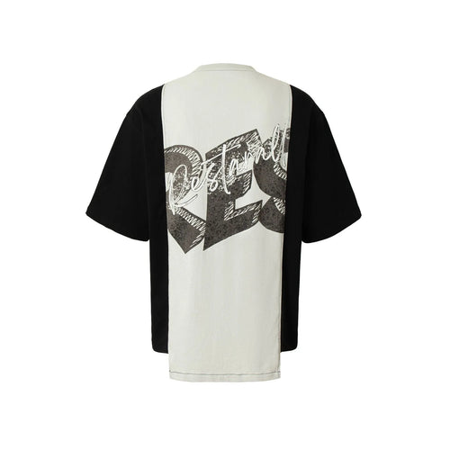Broken collage deconstruction printed T-shirt in black and white stitching with cotton blend fabric
