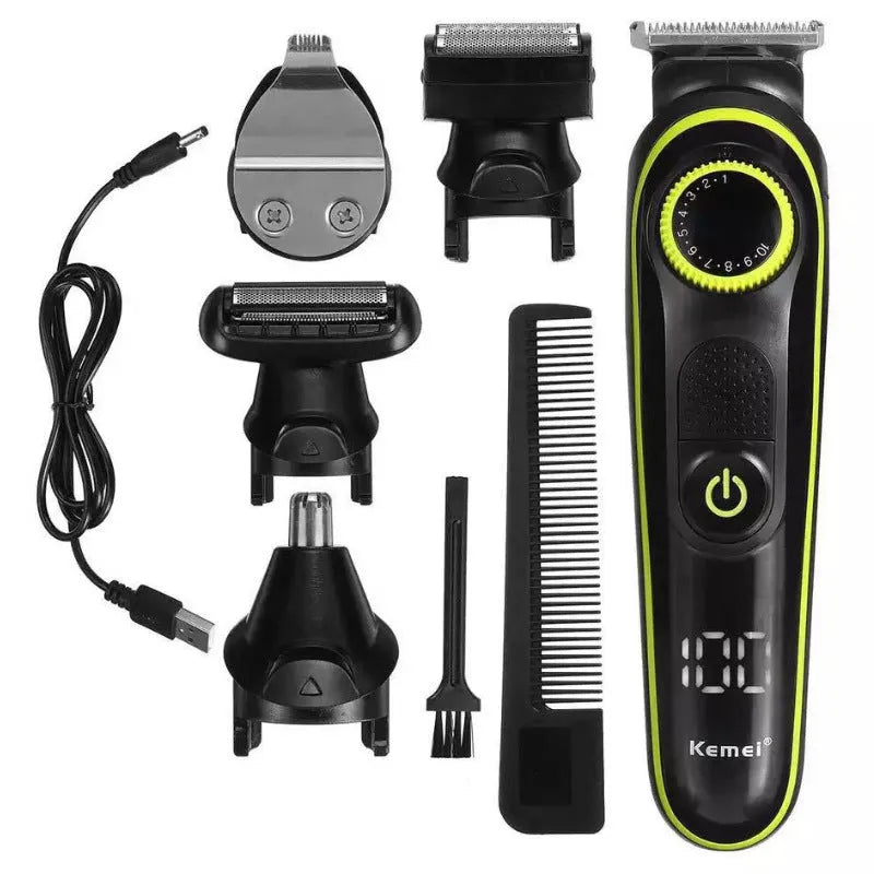 Black household electric hair clipper set with stainless steel blades and USB charging cable.