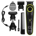 Black household electric hair clipper set with stainless steel blades and USB charging cable.