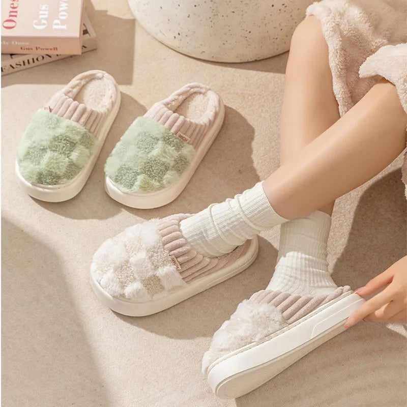 Women's plush house slippers in multiple colours with non-slip soles for indoor autumn and winter wear