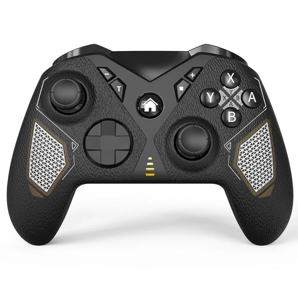 Black wireless game controller with leather-pattern texture on grips, showing analogue sticks and buttons.