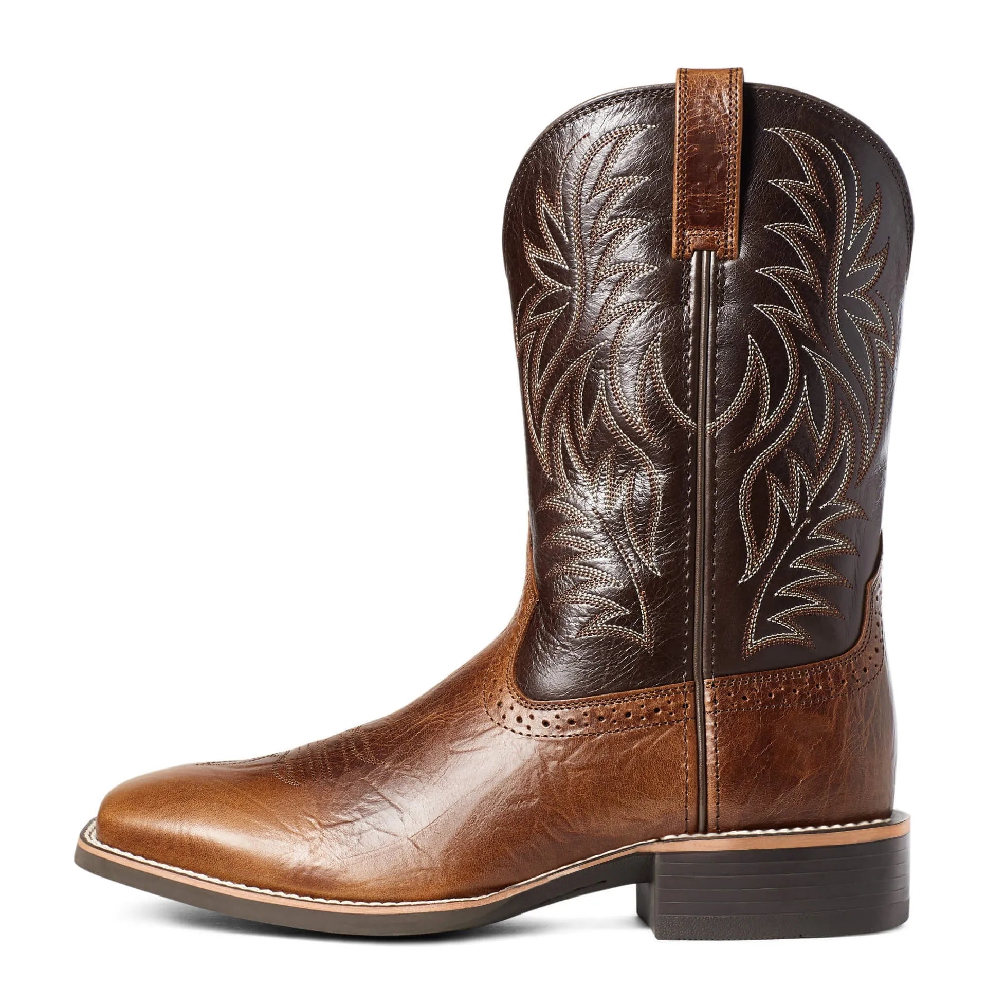 Black western cowboy boots with intricate ethnic embroidery stitching and a wide square toe.