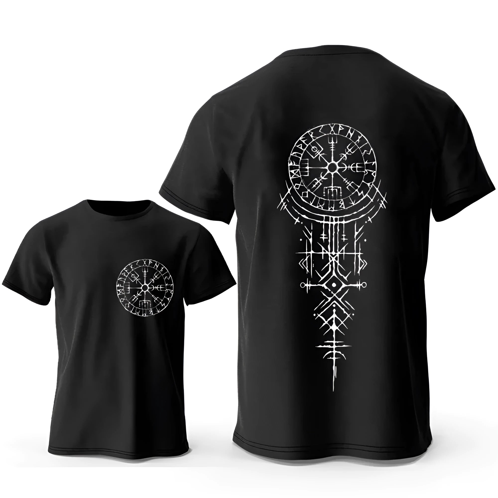 Close-up of a men's grey T-shirt featuring a detailed Viking rune compass graphic print on the chest.
