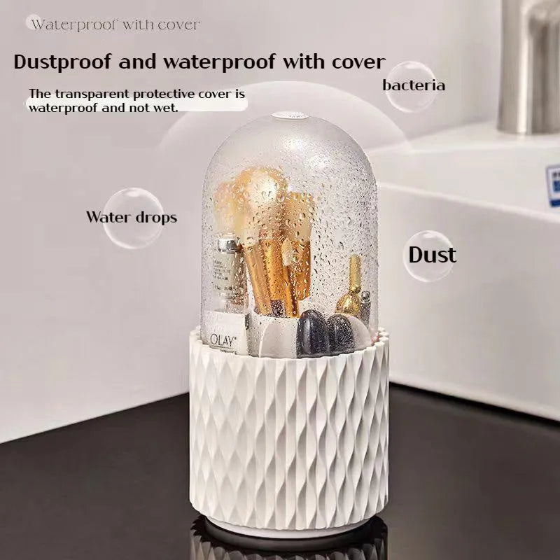 White rotating acrylic makeup brush storage box with transparent sides and dustproof lid