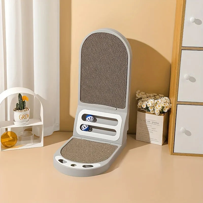 Grey L-shaped vertical cat scratching board made of thick corrugated cardboard on a floor.