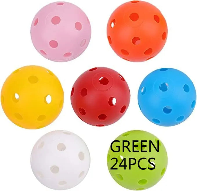 Multi-coloured 42mm golf practice balls with dimpled design in a net bag.