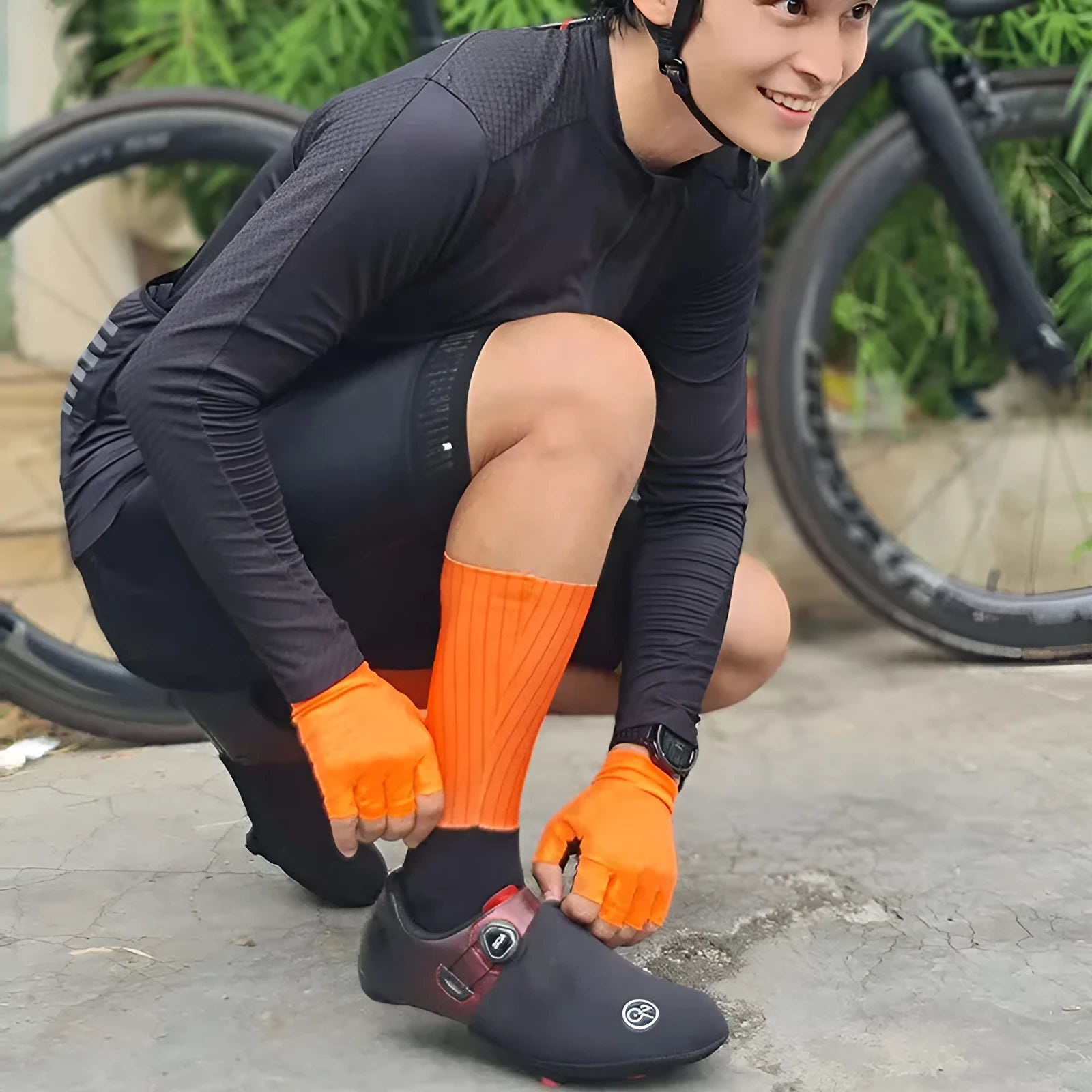 A pair of athletic cycling socks in a chemical fibre blend, shown in one of six available colours on a plain background.