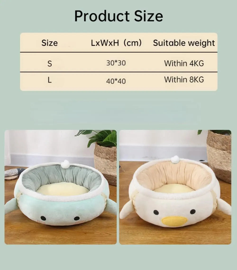 Green or yellow chick or dinosaur shaped cat bed that can be a flat sofa or a hanging hammock for small pets.