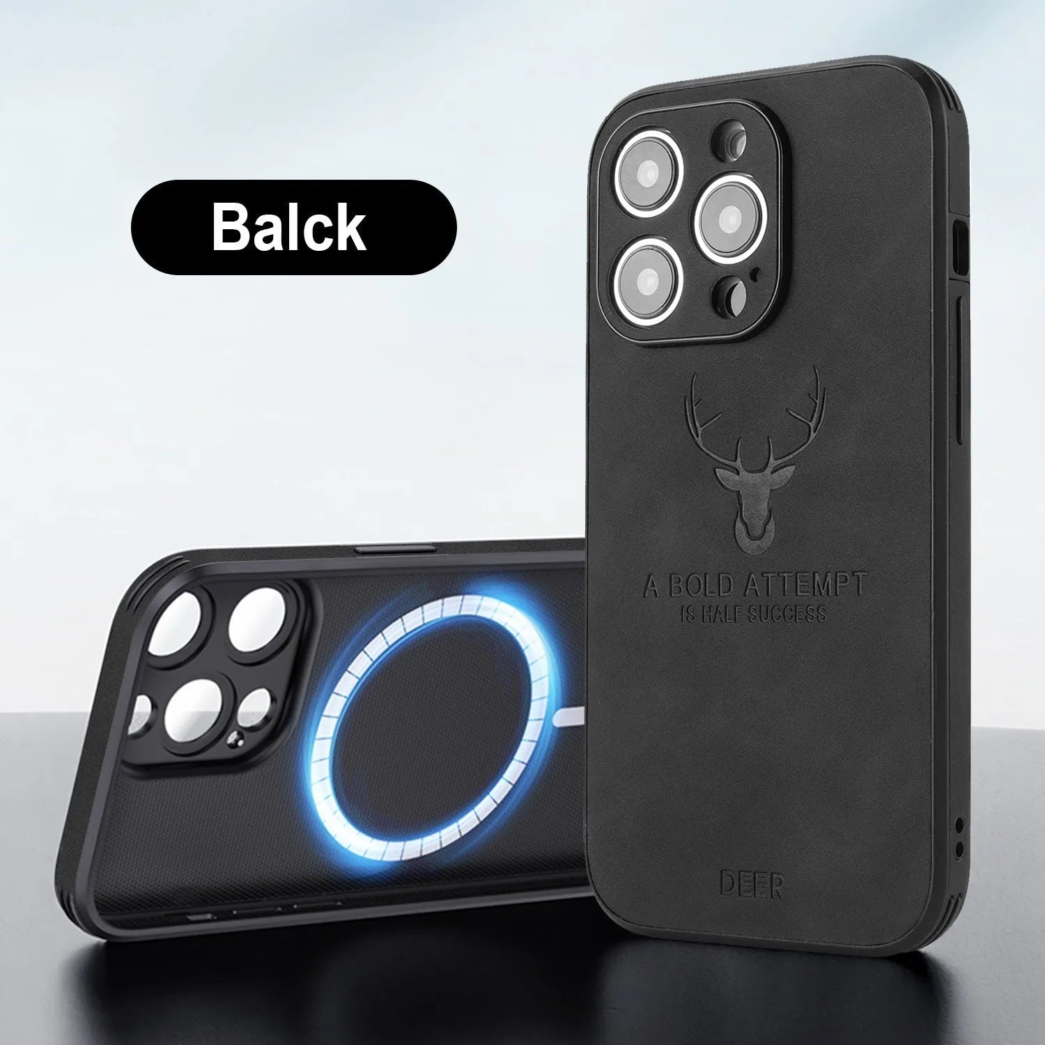 iPhone 16 magnetic charging case with embossed moose head design in imitation leather, shown in multiple colours.