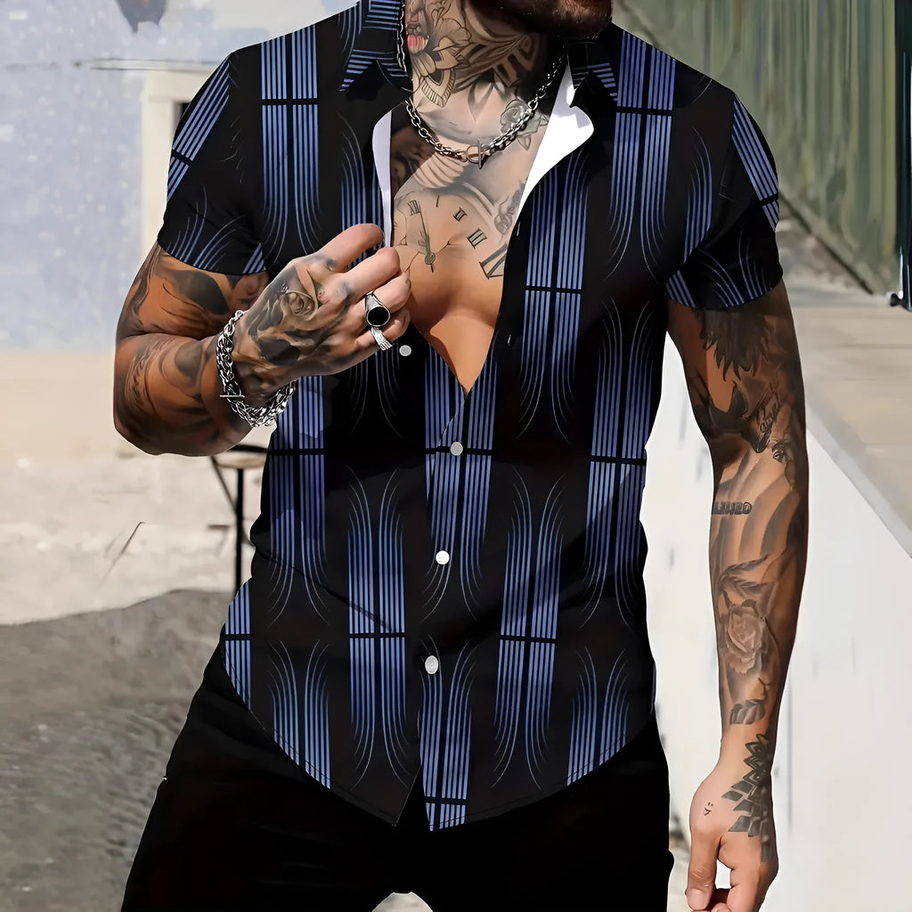 Men's slim fit short sleeve shirt with geometric line printing on the lapel, cardigan style, in a light colour.