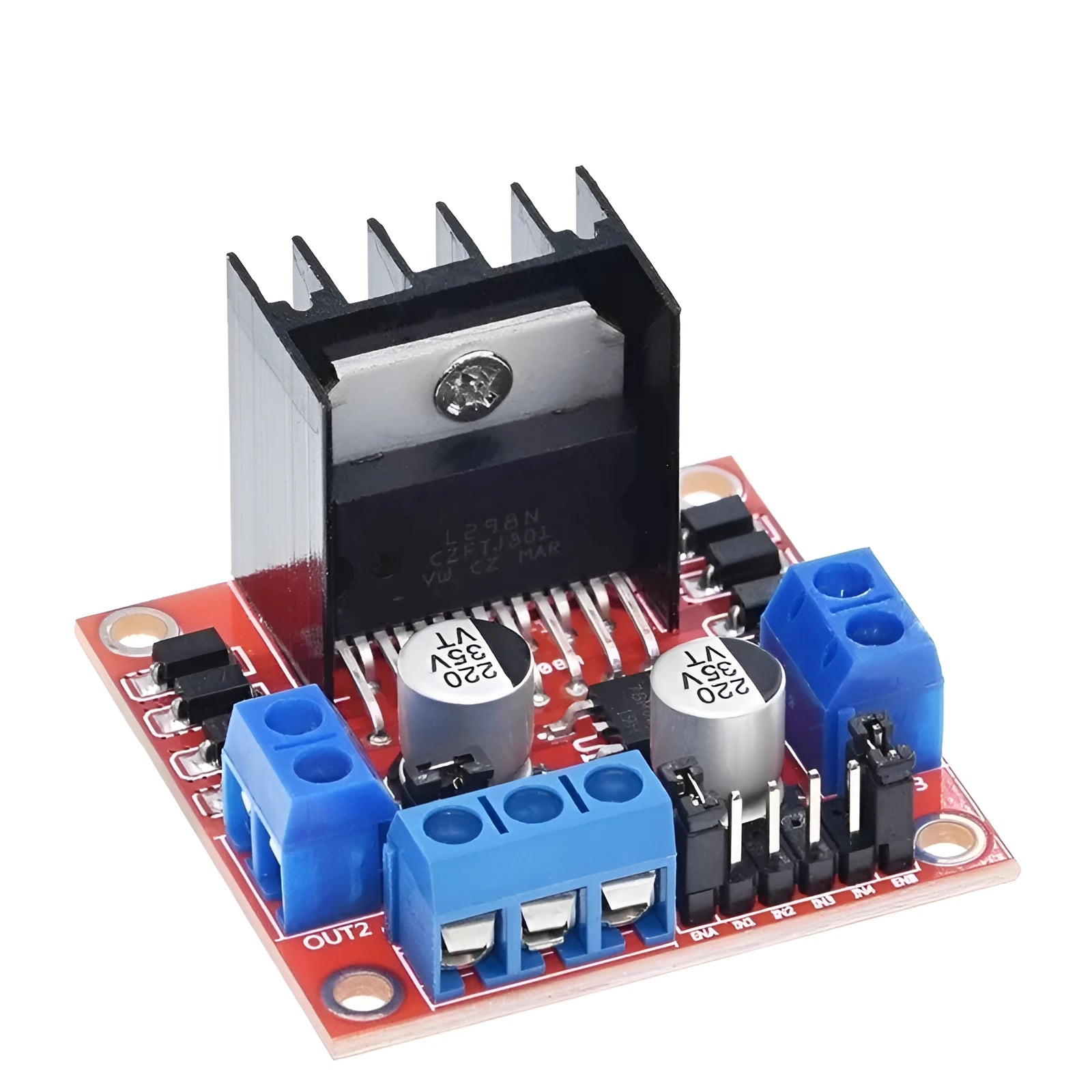 L298N motor driver module measuring 43mm square for DC and stepper motor control