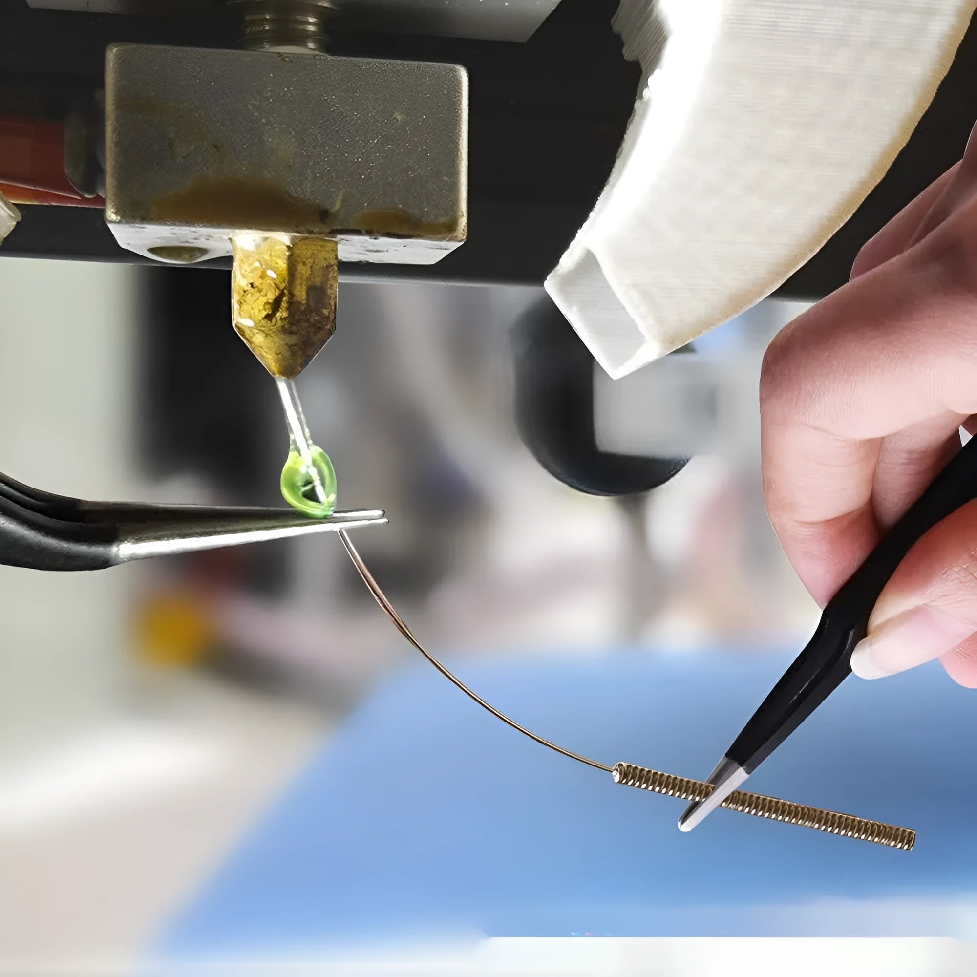 MK8 brass 3D printer nozzle and stainless steel cleaning pin on a white background.