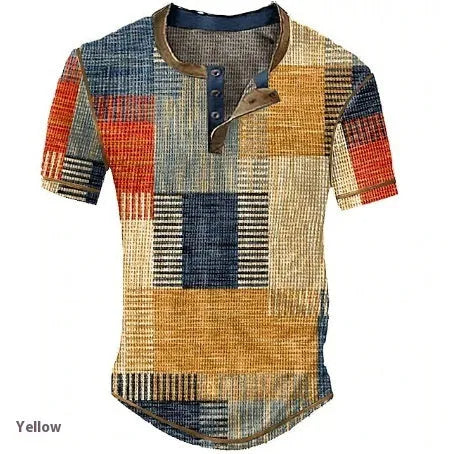 Men's graphic plaid colour block waffle henley short sleeve shirt, front view, regular fit, available in multiple colours