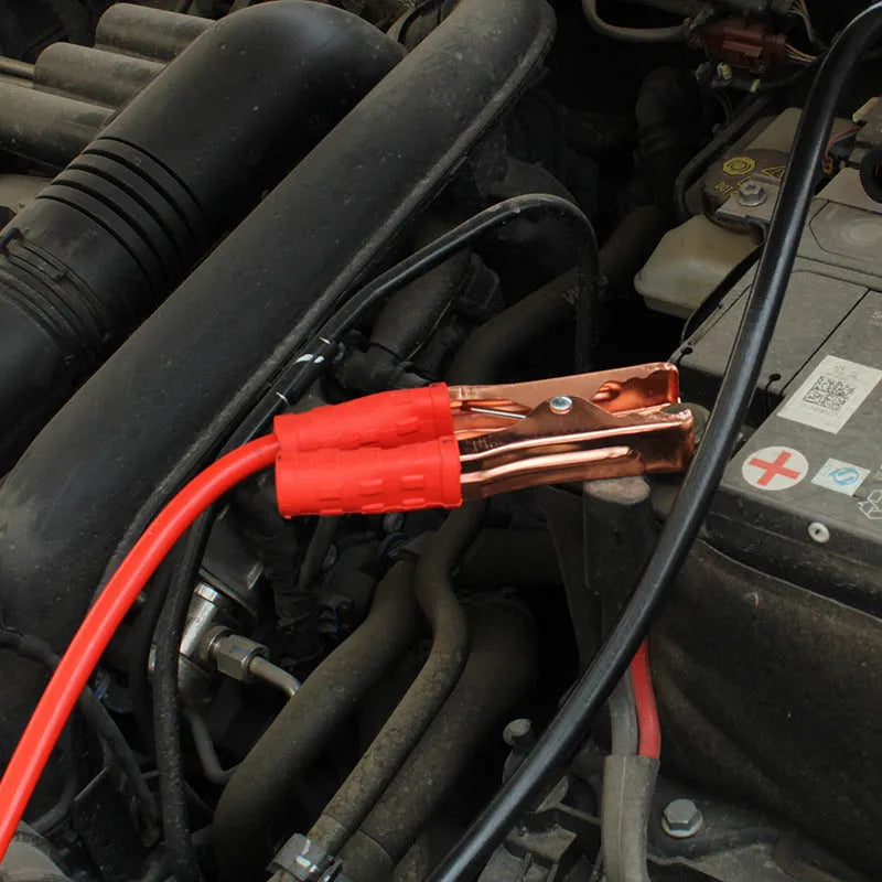 Car battery clip emergency kit with black and red clips, 2 metre PVC copper cables, and OPP storage bag