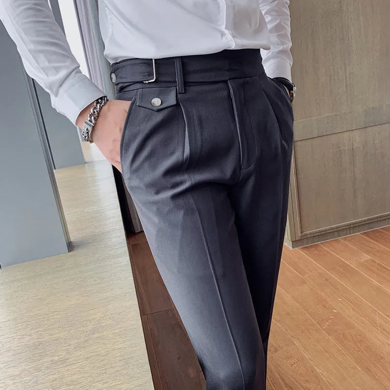 Men's straight leg polyester trousers in solid colours showing front and side views