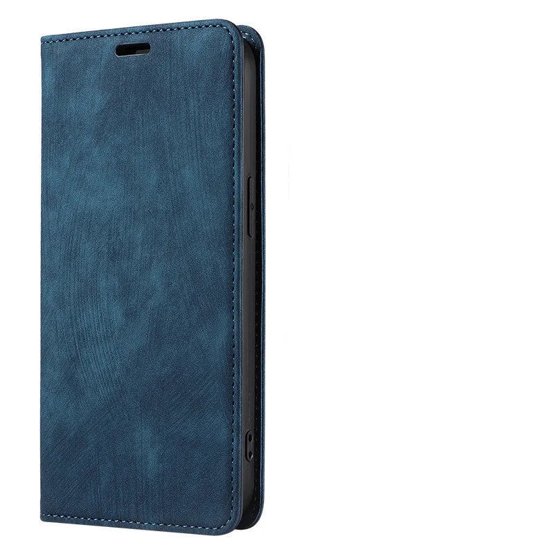 Magnetic flip phone case for iPhone in leather and TPU, shown closed and open with cards in slots.
