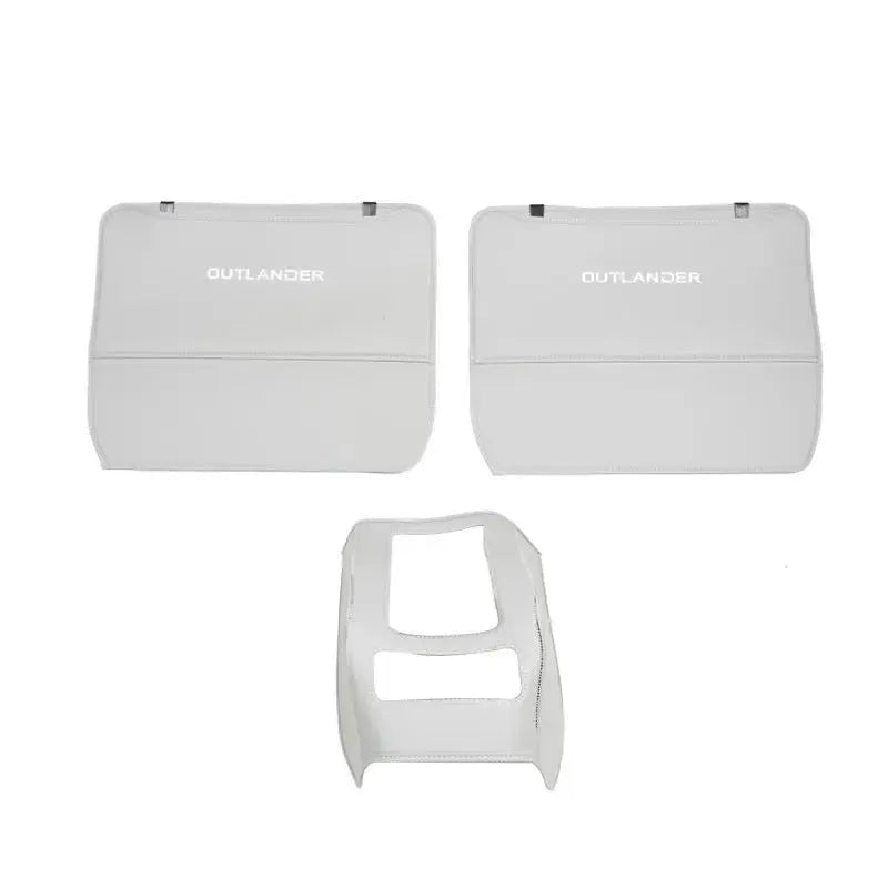 Three genuine leather anti-kick pads for Mitsubishi Outlander seat and console protection.
