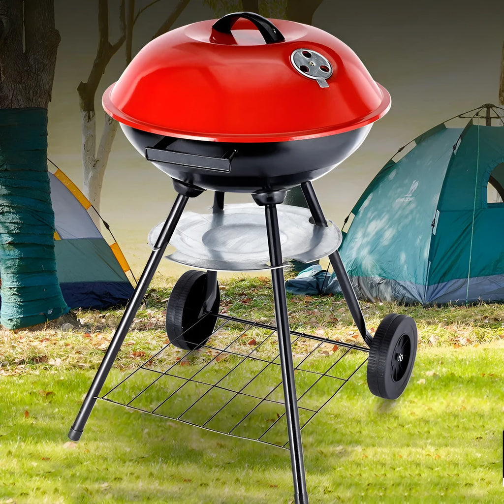 Portable iron barbecue grill with a 14-inch apple stove design on a neutral background.