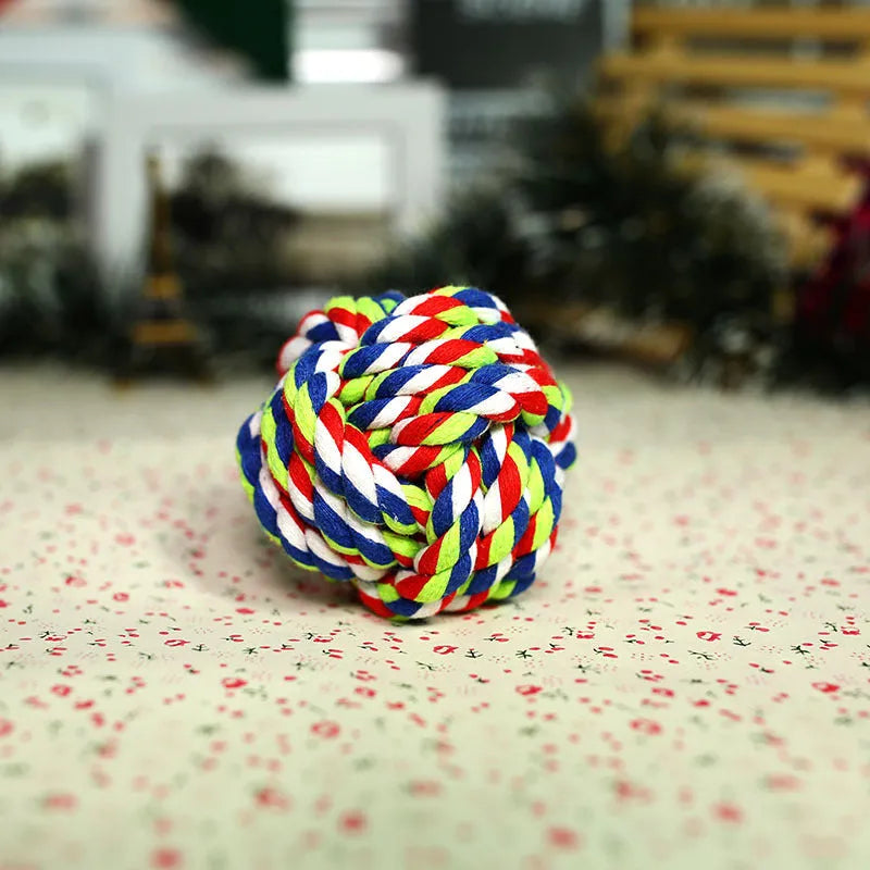 Hand-woven cotton rope ball dog toy, medium 7 cm diameter, blue multicolor pink options