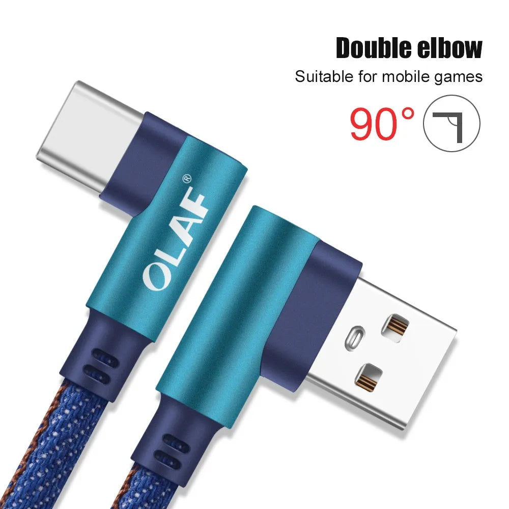 Denim fabric fast charging USB cable with aluminium connectors in black, blue, and red for Android and Type C phones.
