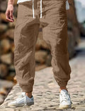 Men's straight-leg cotton linen trousers with elastic waistband in army green colour