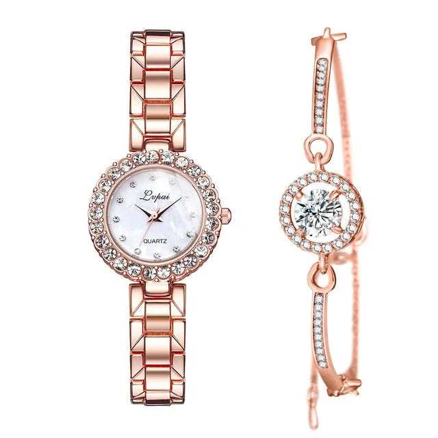 Ladies' alloy quartz watch set with optional bangle bracelet, 29mm case, rose gold or silver, black or white dial
