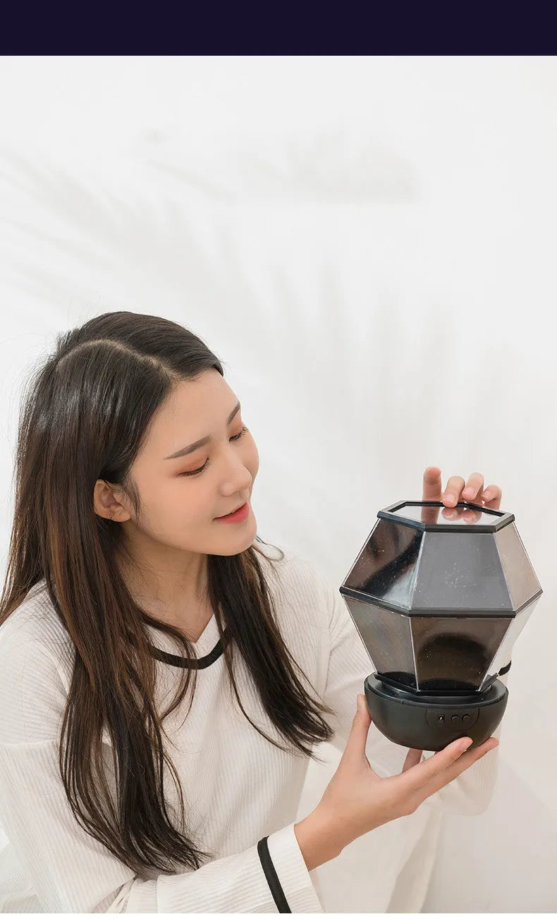 Children's rotating stars LED night light showing star projection effects in bedroom setting
