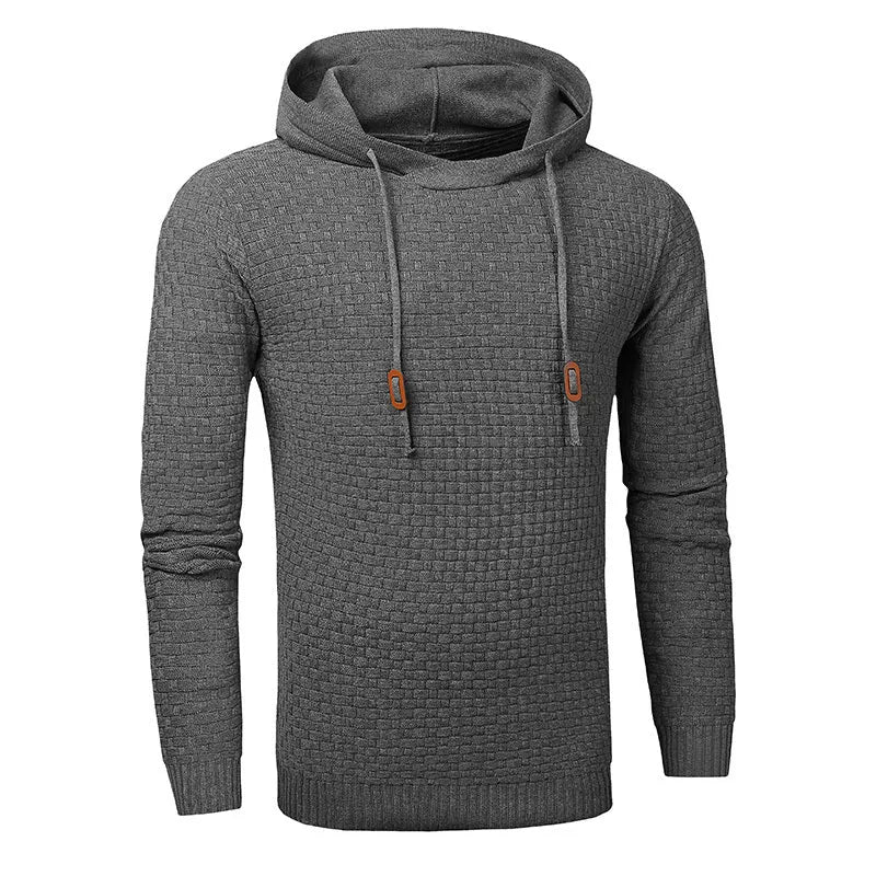 A men's hoodie sweater in a cotton and polyester blend, shown in one of nine available colours.