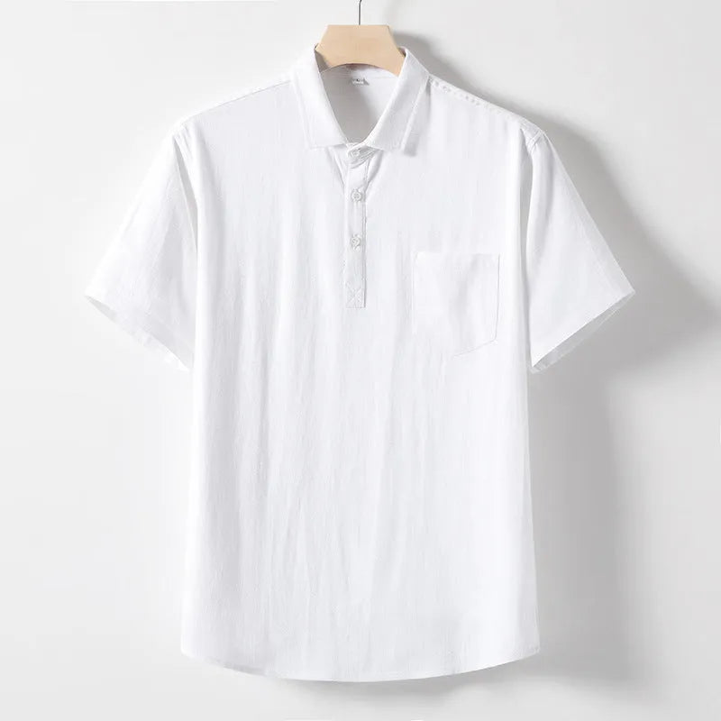 Men's hemp blend linen T-shirt in loose lapel pullover style, shown in optic linen colour