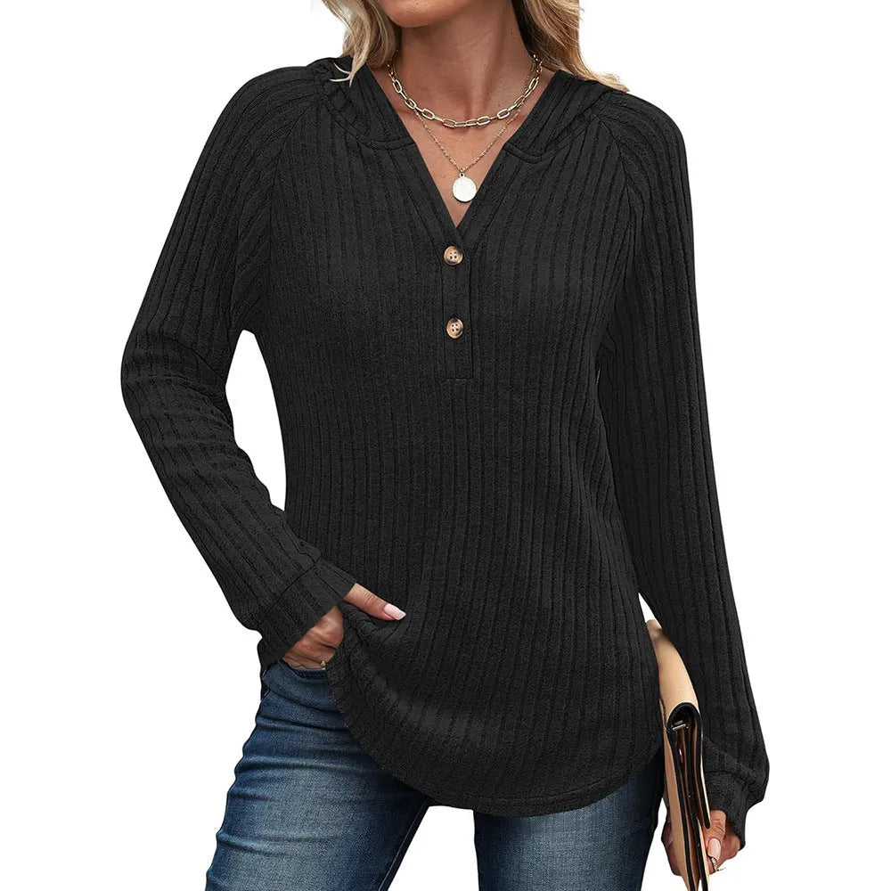 Solid colour v-neck button loose hooded fleece knitted top in polyester, available in multiple colours