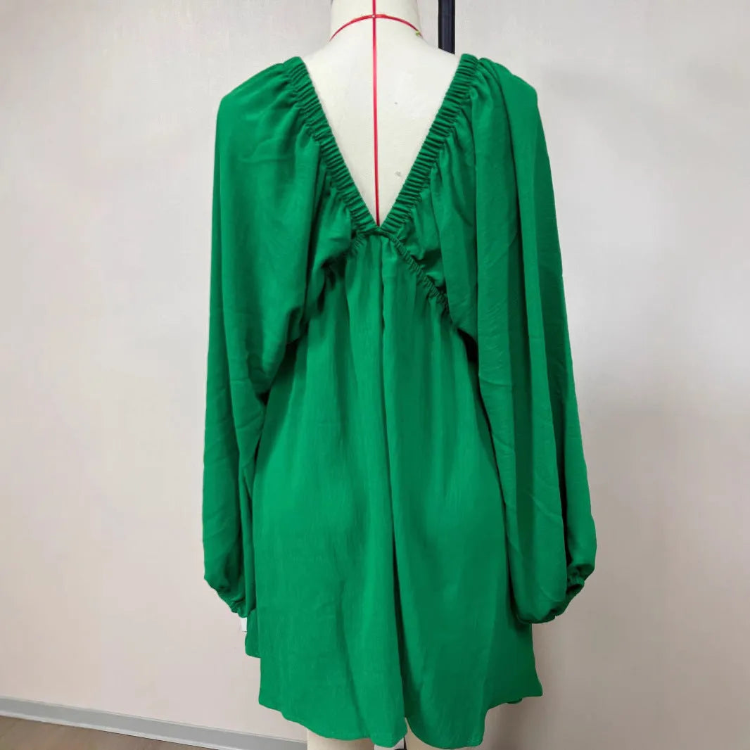 Women's V-neck long sleeve dress with puff sleeves and flounced swing skirt in solid colour