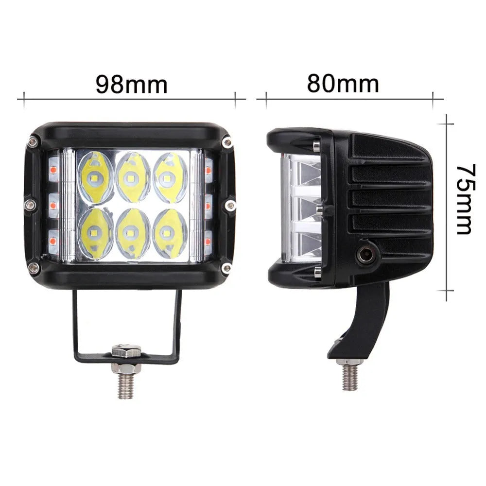45W LED work light with aluminium alloy housing, 7800LM output, 12-24V voltage and three-sided two-colour yellow design