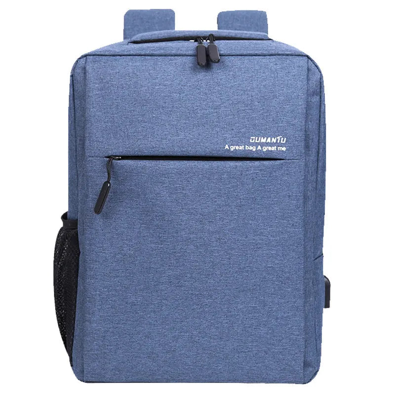 Waterproof shockproof rechargeable laptop backpack in Oxford cloth showing size options for 14-inch and 15.6-inch computers