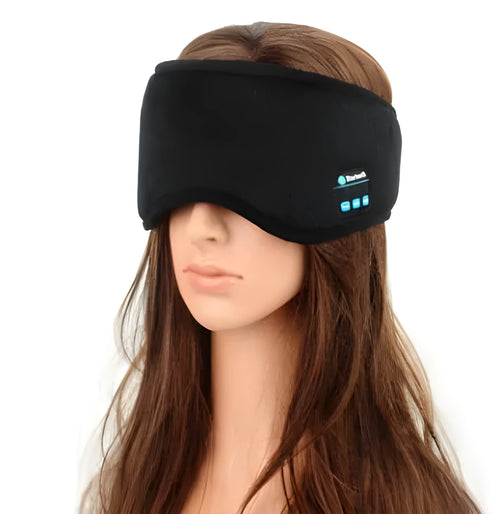 Black Bluetooth sleep mask headphones showing soft eye mask with integrated flat earphones and adjustable strap.